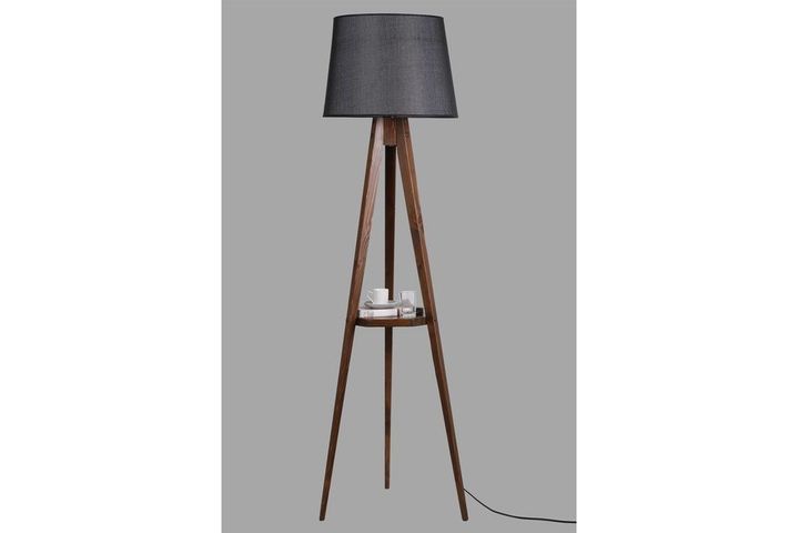 Warrick Stehlampe mit Dreibein und Regal aus Holz