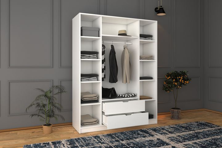 Matte Kleiderschrank mit 4 Türen und 2 Schubladen, Weiß